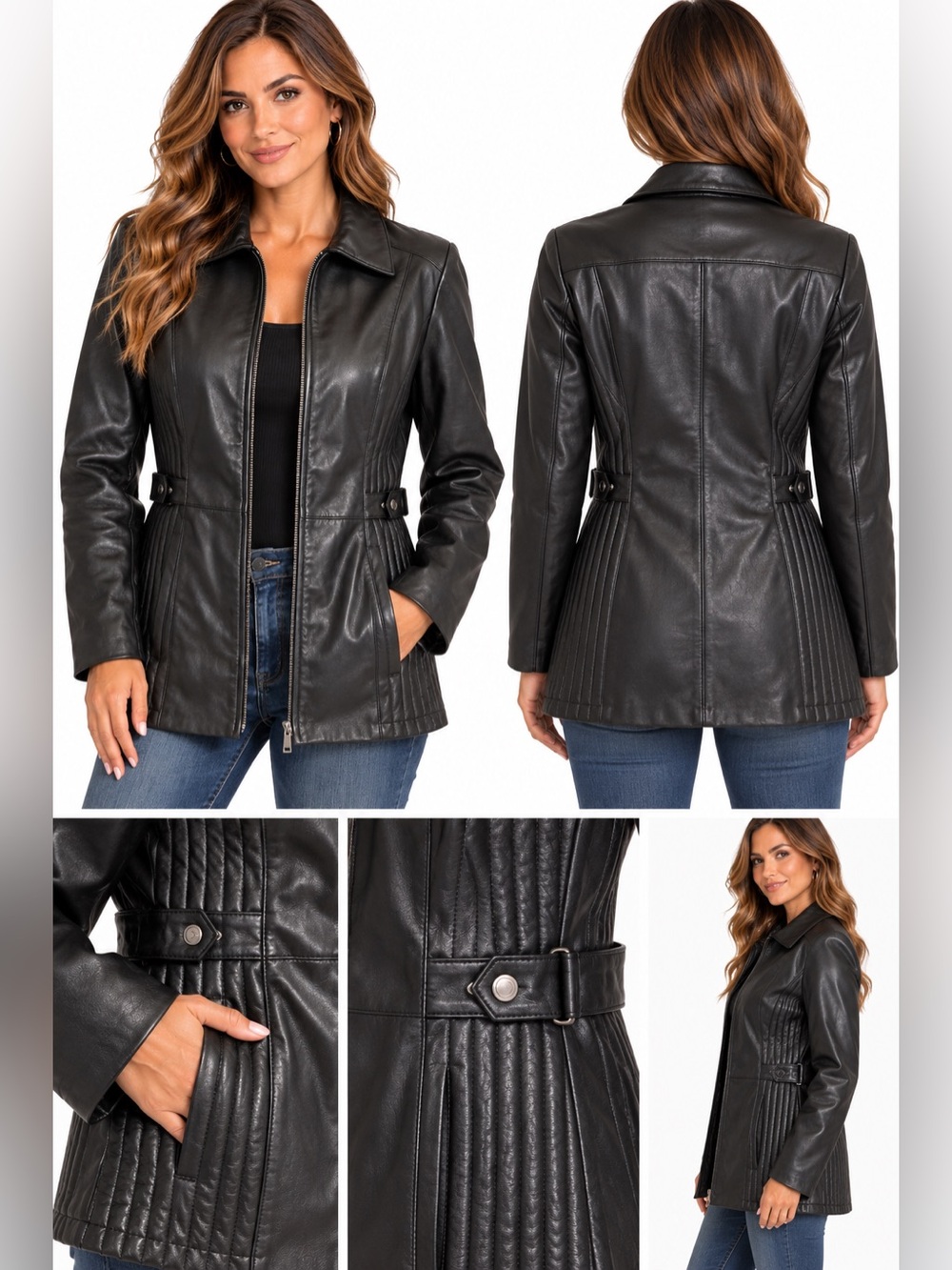 Gallery Woman Genuine Leather Black Moto Jacket Quilted Panels 1X Leather Coat
